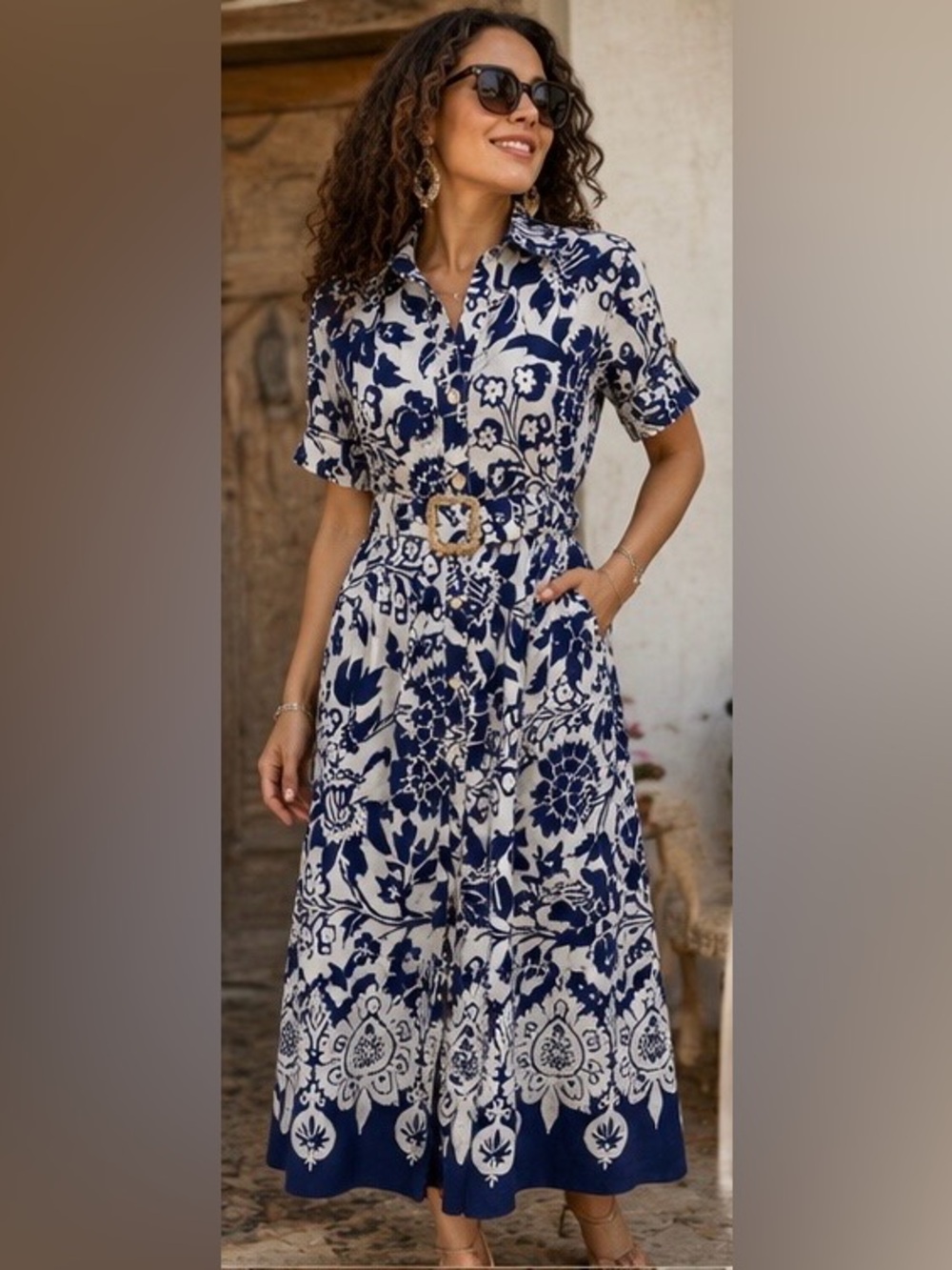 Joie Blue & Ivory Floral Cotton Belted Midi Shirt Dress Size Small